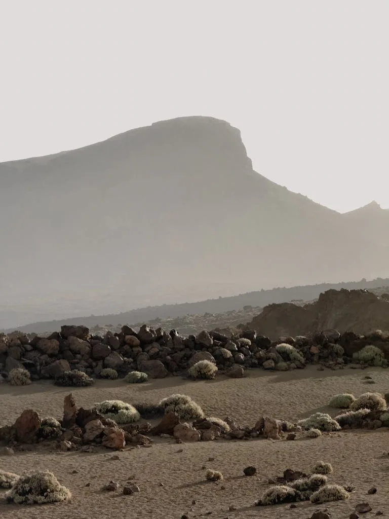 Misty mountain view in Teide National Park, Spain highlighting rugged landscapes and natural beauty.
