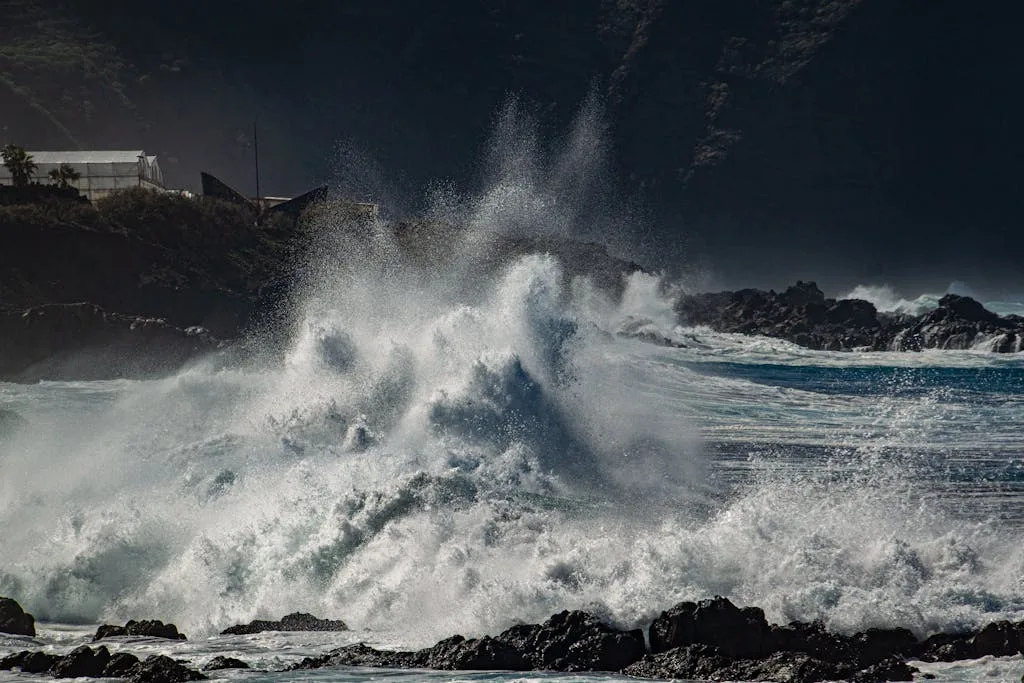 Powerful ocean waves crash against Tenerife's rugged coast in Buenavista del Norte.